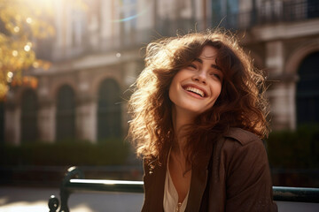 Smiling young French woman sitting on a bench