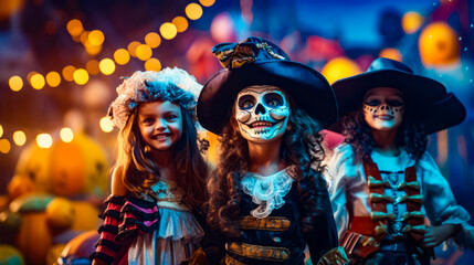 Two young girls dressed up in costumes for day of the dead celebration.