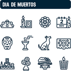 Day of the dead icons. Mexican tradition vector set, November 1 and 2. Outline icon design.