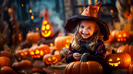 Fototapeta premium Little girl wearing witches hat and sitting in pumpkin patch with lots of jack - o - lanterns.