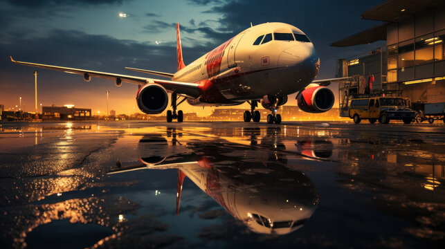 airplane on wet taxiway at sunset