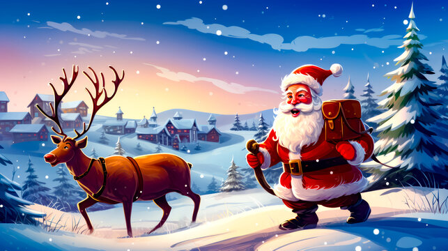 Santa clause is walking through the snow with reindeer and sleigh.