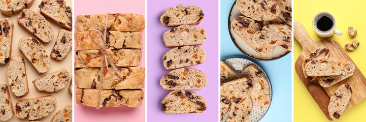 Collage with delicious biscotti cookies on color background, top view
