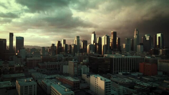 Moody Aerial of sunset over downtown Los Angeles Skyline taken from the arts district, Los Angeles, California 3