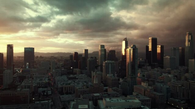 Moody Aerial of sunset over downtown Los Angeles Skyline taken from the arts district, Los Angeles, California 2