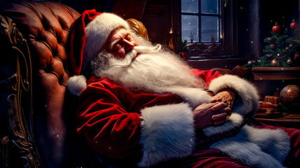 Man in santa suit sitting in chair with his hands on his face.