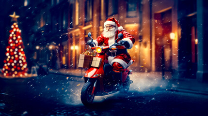 Man dressed as santa claus riding motorcycle with christmas present on the back.