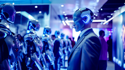 Man in suit is standing in front of group of robots.