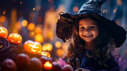 Little girl wearing witches hat and holding lit candle in her hand.