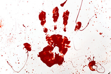 Bloody handprint on white background. Red palm print isolated - obrazy, fototapety, plakaty