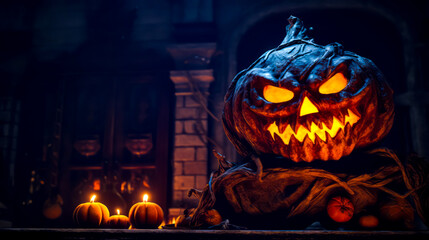 Carved pumpkin sitting on top of table with candles in front of it.