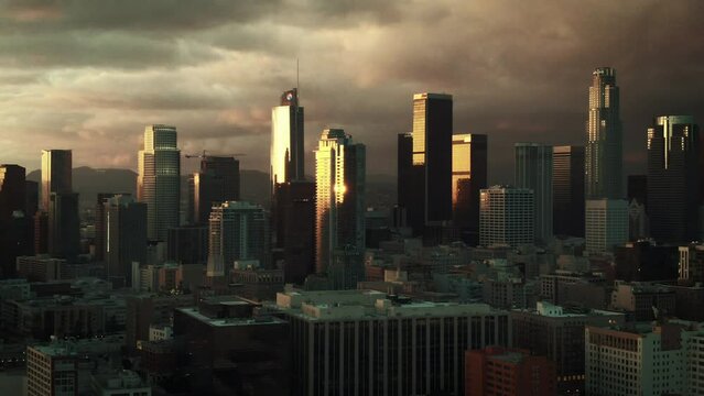 Moody Aerial of sunset over downtown Los Angeles Skyline taken from the arts district, Los Angeles, California 1