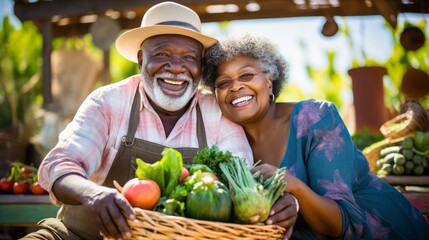 Elderly African american couple in a garden with harvest - obrazy, fototapety, plakaty