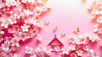 Pink background with white flowers and house with butterfly on it.
