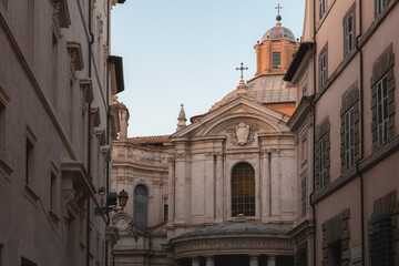 Curved portico facade of the historic 15th century Chiesa di Santa Maria della Pace church in Rome, Italy.