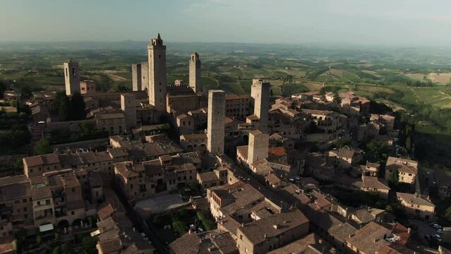 Aerial of historic San Gimignano skyline and city center in Tuscany, Italy 3