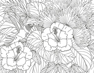 Coloring page made of tropical flowers and leaves. The best activity to relieve stress.