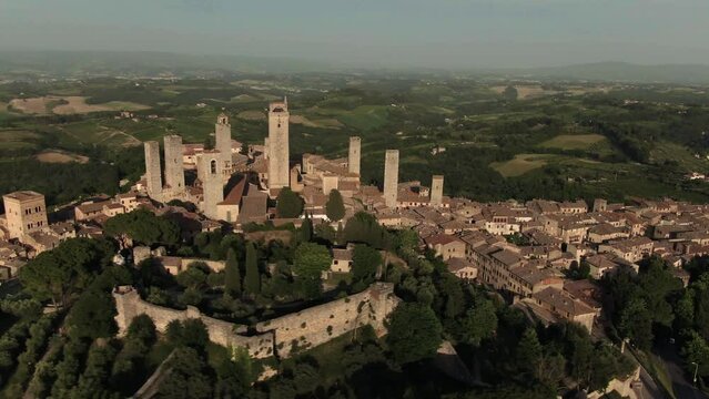 Aerial of historic San Gimignano skyline and city center in Tuscany, Italy 2