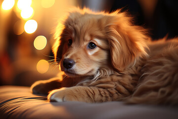 portrait of a golden puppy with a bokeh background