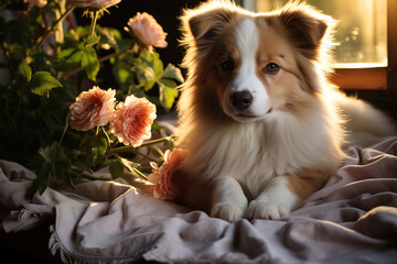 portrait of a dog with flowers beside him