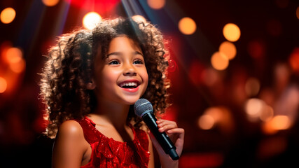 charming girl child singing emotionally at a concert in front of a microphone, illuminated by spotlights, against backdrop of enthusiastic spectators.