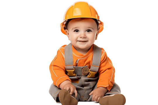 Baby Boy in a Construction Worker Outfit on Transparent Background.