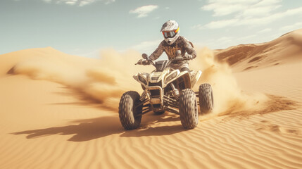 Desert Dune Quad Biking: Thrilling Ride with Helmeted Driver. - Powered by Adobe
