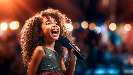 charming girl child singing emotionally at a concert in front of a microphone, illuminated by...
