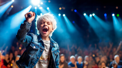 charming boy child singing emotionally at a concert in front of a microphone, illuminated by spotlights, against the backdrop of enthusiastic spectators.