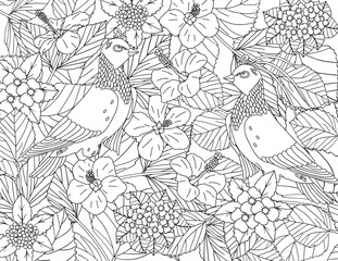 Fototapeta premium Coloring page made of tropical flowers and leaves. The best activity to relieve stress.
