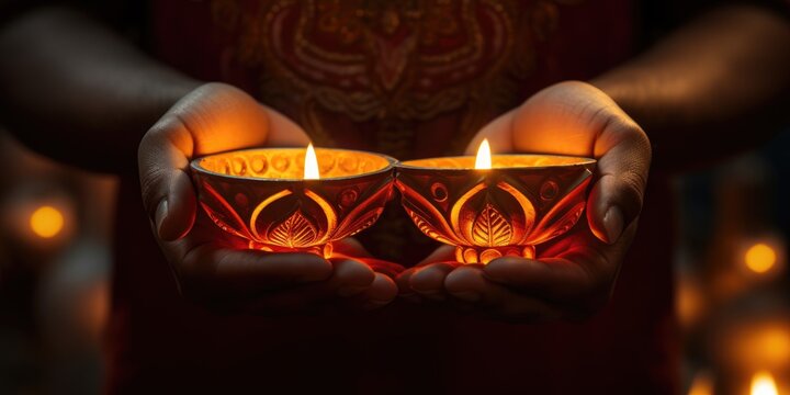 Closeup - Woman holding lit diya lamp in hands. Diwali celebration, generative ai