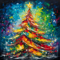 Vibrantly colored acrylic-painted Christmas tree, a vivid holiday themed masterpiece. Background wallpaper, card or texture.