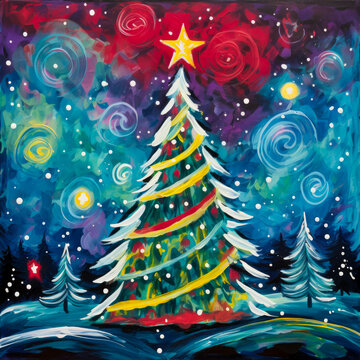 Vibrantly colored acrylic-painted Christmas tree, a vivid holiday themed masterpiece. Background wallpaper, card or texture.