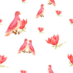 Seamless floral pattern with birds and magnolia. Pattern dove and tropical Japanese flowers. Floral pink illustration with doves for wallpaper