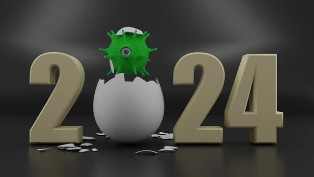 3d animation of the date of the 2024 new year and the coronavirus that hatched from a chicken egg. The idea of a problematic year. The virus of 2024.