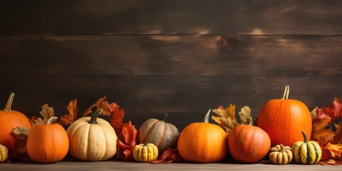 Apples, pumpkins and fallen leaves on wooden background, Halloween, Thanksgiving background, Thanksgiving day or seasonal autumnal, generative ai