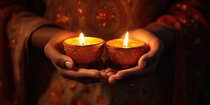 Closeup - Woman holding lit diya lamp in hands. Diwali celebration, generative ai