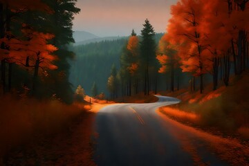  3D rendering of a country road at twilight, winding through a forest painted in shades of orange and green. Showcase the ethereal beauty of the fall landscape as day transitions into night