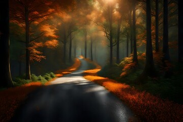  3D rendering of a country road cutting through a dense forest with dramatic, moody lighting. Emphasize the vibrant orange and green foliage, with the road disappearing into the mysterious woods