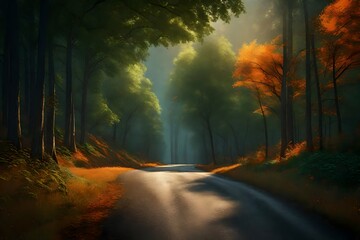 3D rendering of a country road cutting through a dense forest with dramatic, moody lighting. Emphasize the vibrant orange and green foliage, with the road disappearing into the mysterious woods