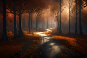 Kussenhoes  3D scene of a rural highway passing through an enchanting forest during the autumn season. Capture the sense of mystery and wonder in the dimly lit woods © Areesha