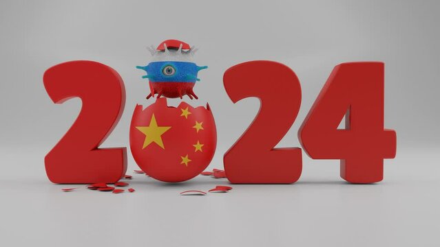 3d animation of the date of the red 2024 new year. An egg with the flag of China hatches a coronavirus with the flag of Russia. The idea of support, alliance and patronage. Political unions in 2024