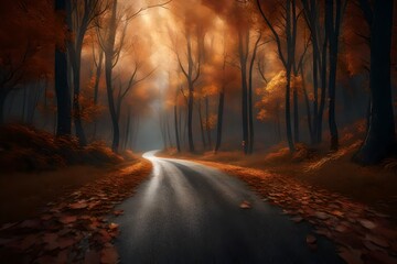  3D scene of a rural highway passing through an enchanting forest during the autumn season. Capture...