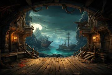 Empty pirate ship deck background for theater stage scene - obrazy, fototapety, plakaty