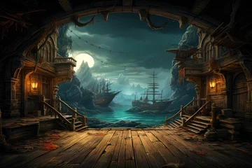 Fotobehang Empty pirate ship deck background for theater stage scene © Roman