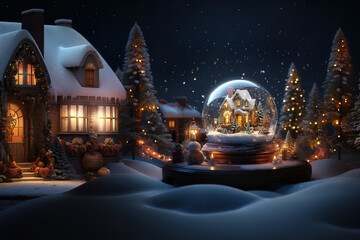 A snow globe with a house on a christmas background Generative AI