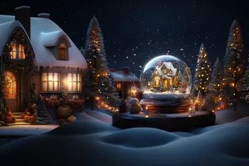 Fotobehang A snow globe with a house on a christmas background Generative AI © DrArt