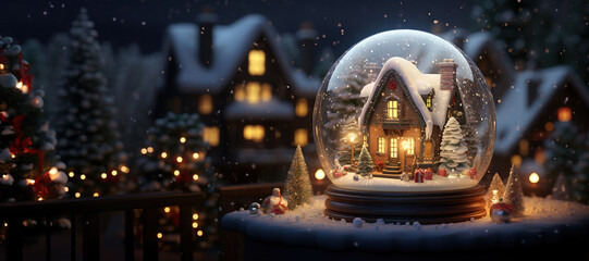 Beautiful snow globe with snowy house Christmas winter background Generative AI