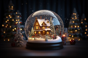 Snowglobe with house inside christmas tree background Generative AI