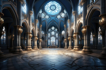 Obraz premium Set of a fairytale empty cathedral background for theater stage scene